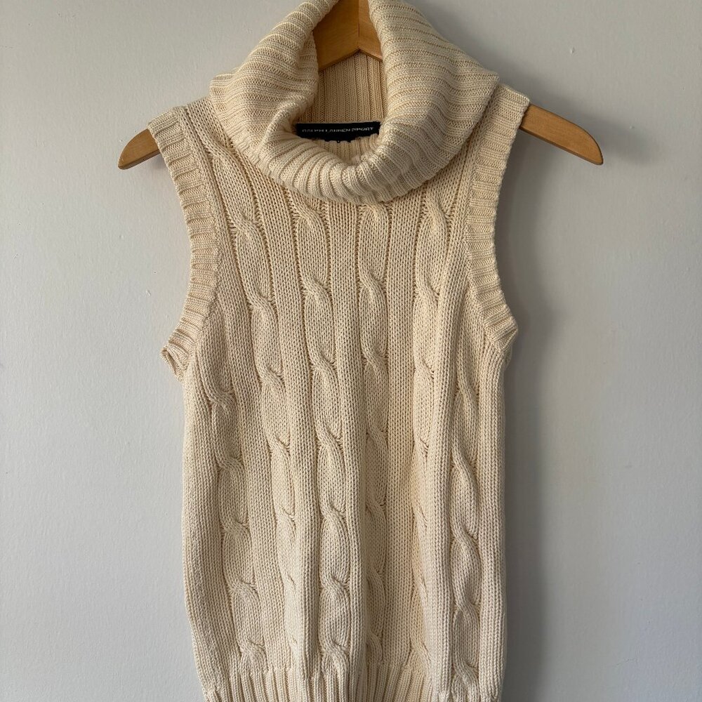 Ralph Lauren Sport Cream Cableknit Cotton Sleeveless Turtleneck S